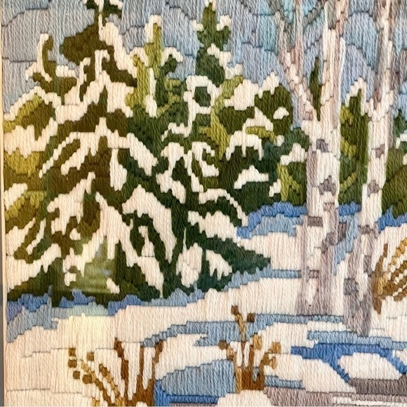 Crewel Embroidery Art Hand Stitched Winter Snow Scene Professionally Framed EUC - Picture 3 of 13